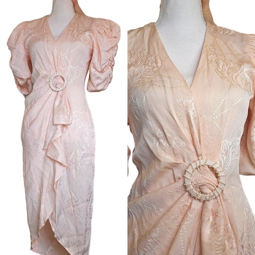 Vintage 80s Sz 4 Light Pink Floral Wrap Dress Gather Knee Length Puff Sleeve